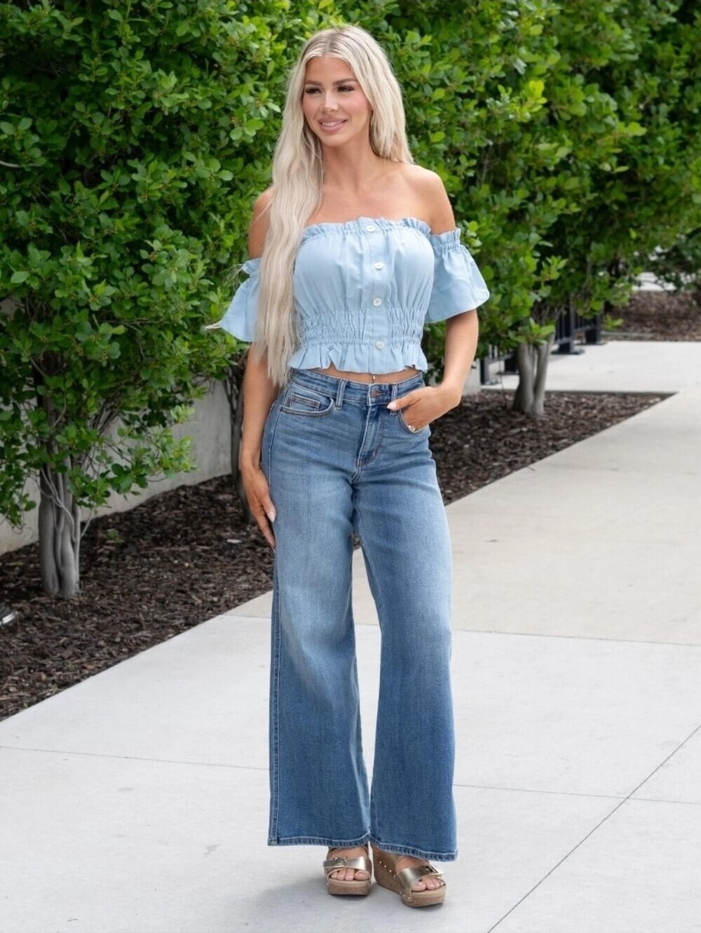 Judy Blue Wide Leg Denim Jean Classic Med Wash Cowgirl High Rise Boho Festival